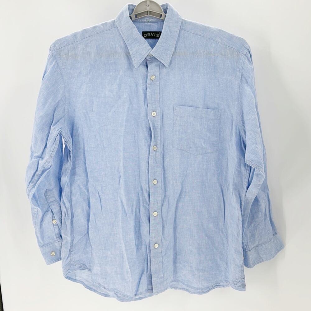 Orvis Men's Light Blue Linen Button-Down Shirt